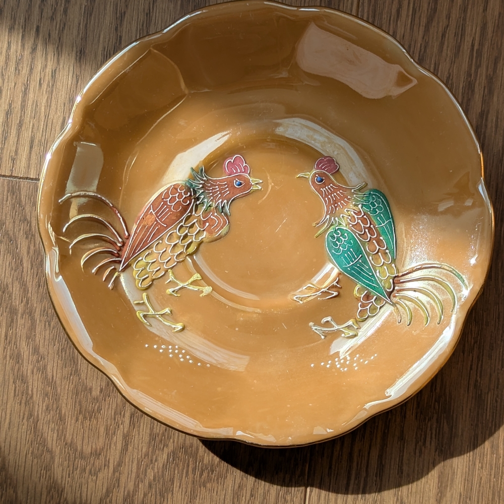 Vintage Lusterware Tea Saucer with Rooster Design